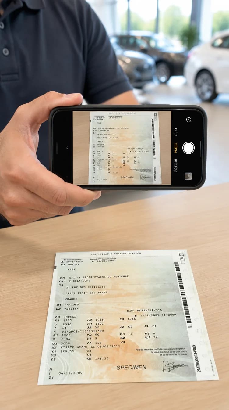 Main tenant un smartphone qui photographie une carte grise posée sur un bureau de concession