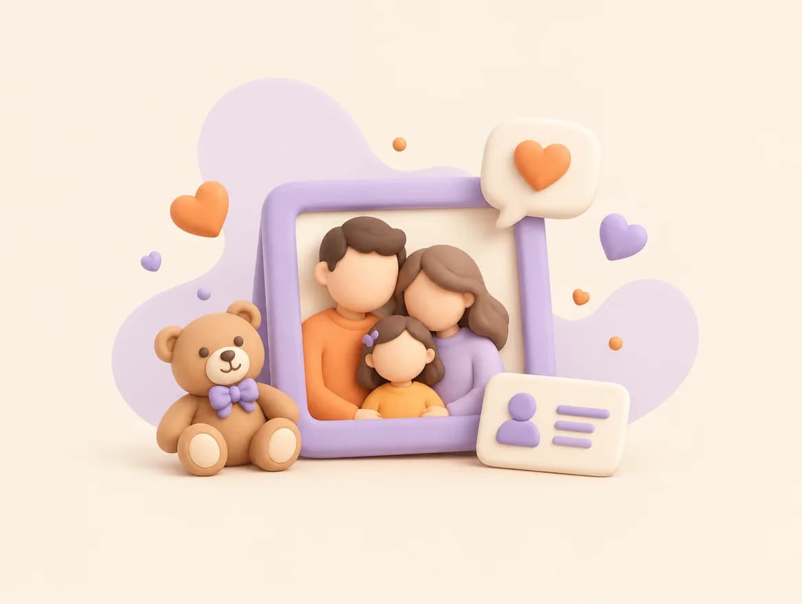 Cadre photo violet avec une famille stylisée et un ours en peluche, style pâte à modeler
