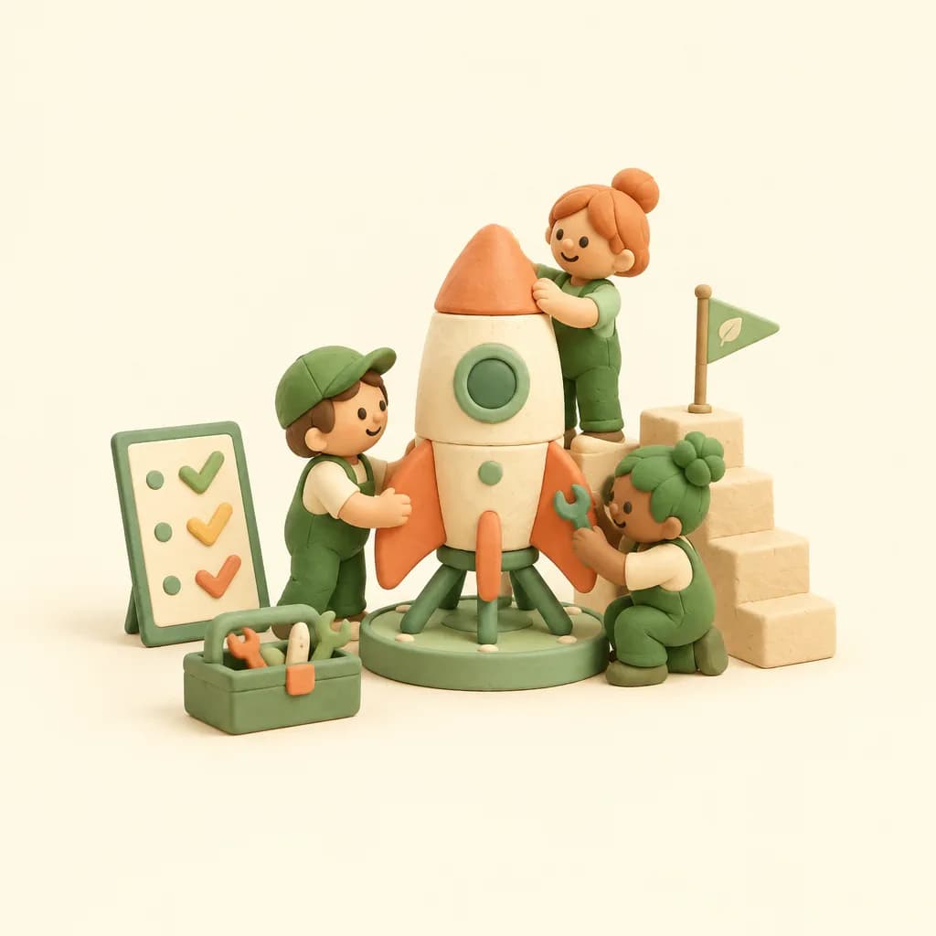 Petits personnages en pâte à modeler qui construisent une fusée, style 3D doux