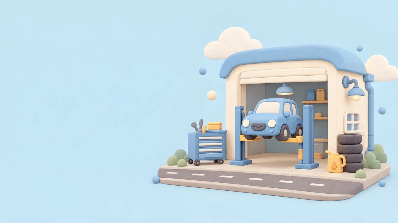 Diorama miniature d'un garage avec une petite voiture bleue sur un pont élévateur, style pâte à modeler