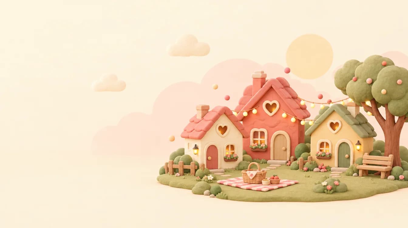 Diorama miniature d'un village coloré aux toits roses, style pâte à modeler