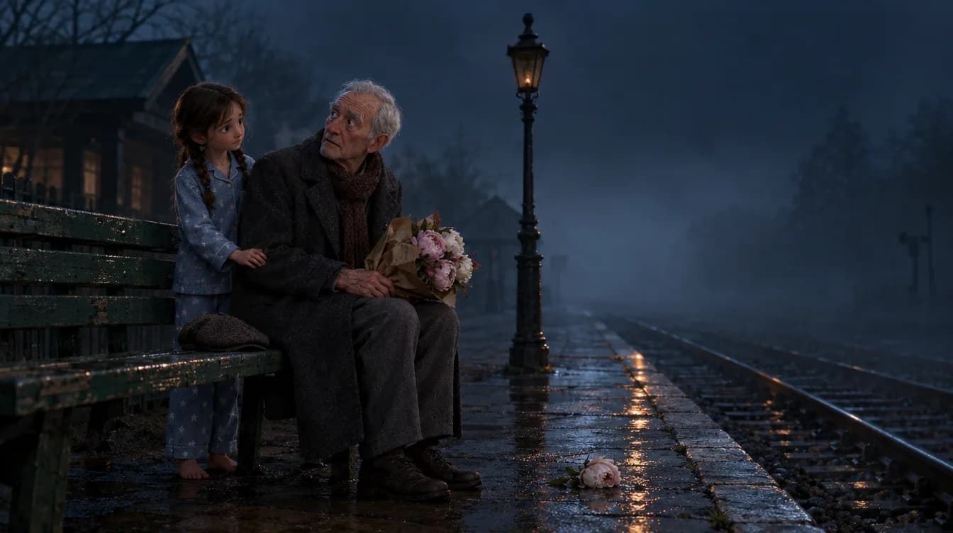 Image de film en 3D : un grand-père et une petite fille assis sur un banc, la nuit, sous un réverbère