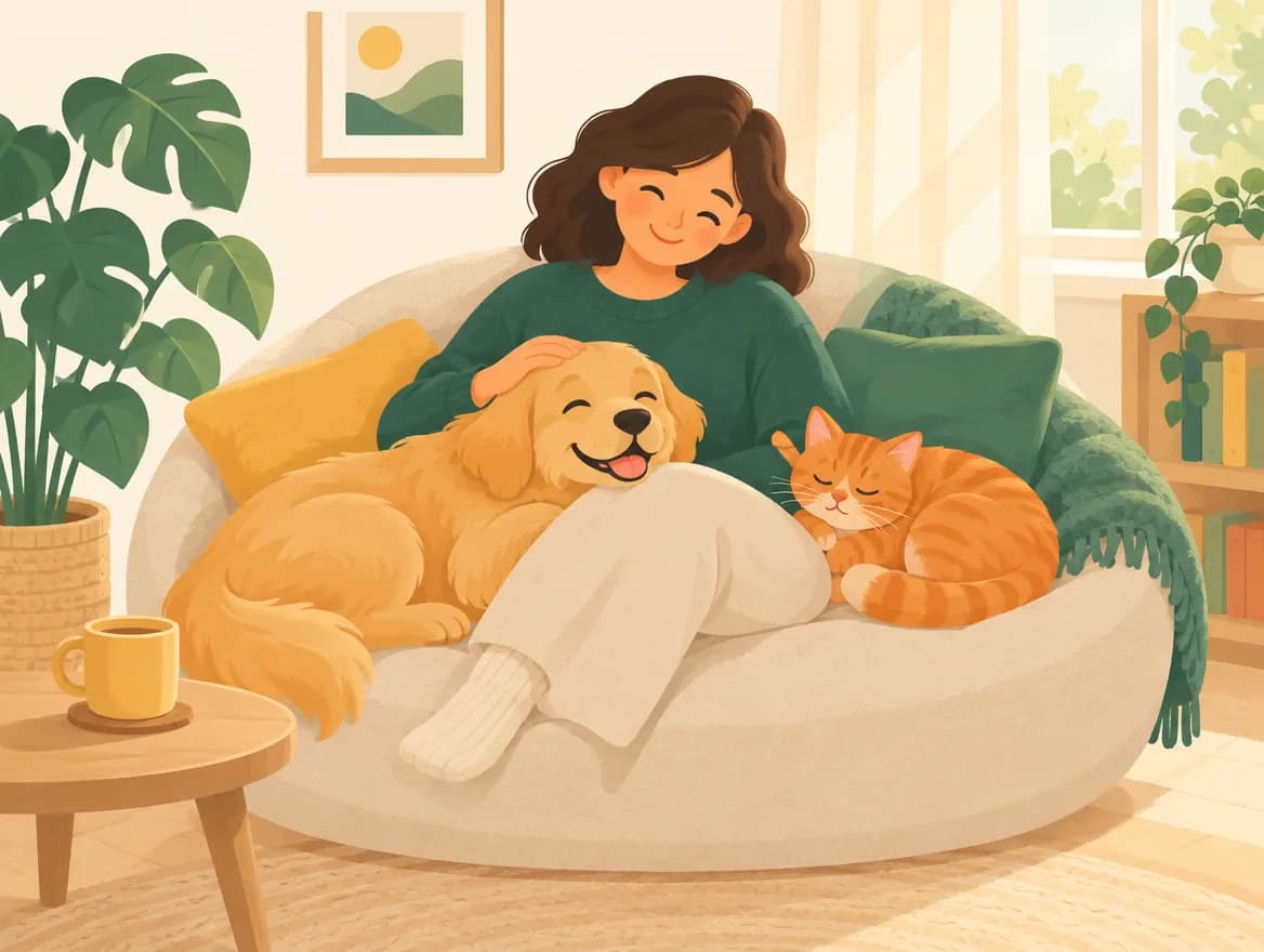 Illustration vectorielle chaleureuse : une femme sur un canapé avec un chien doré et un chat roux