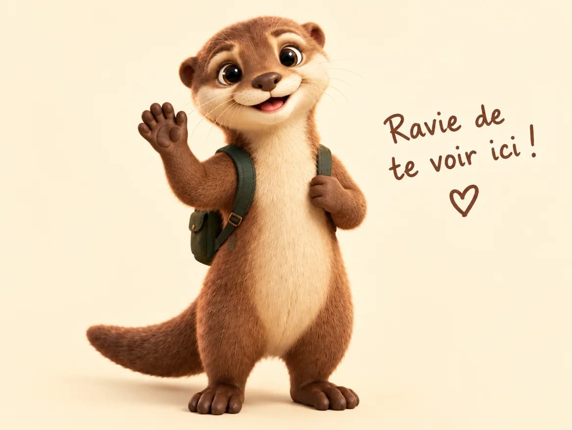 Zély la loutre fait coucou avec un sac à dos, message manuscrit « Ravie de te voir ici »