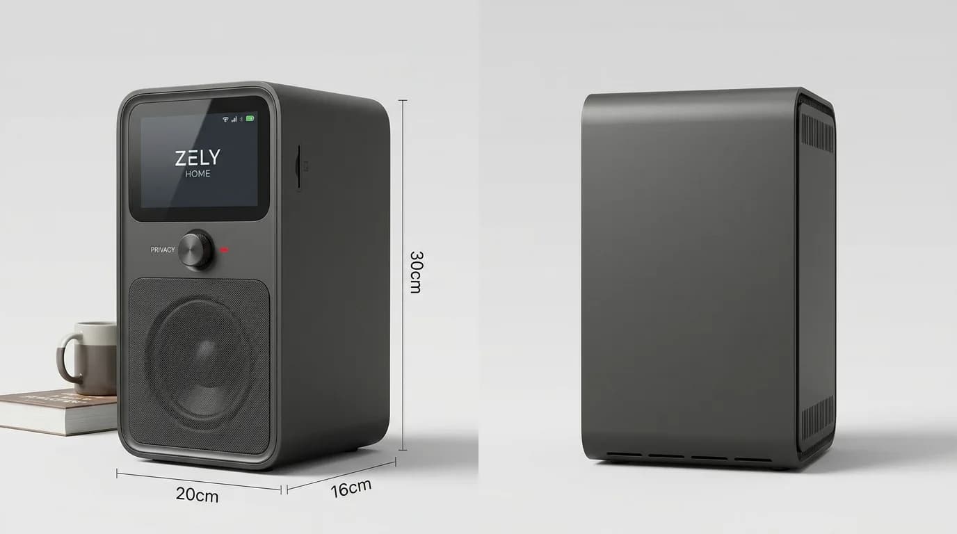 Planche technique d'une enceinte connectée noire avec écran, vue de face et de profil avec dimensions