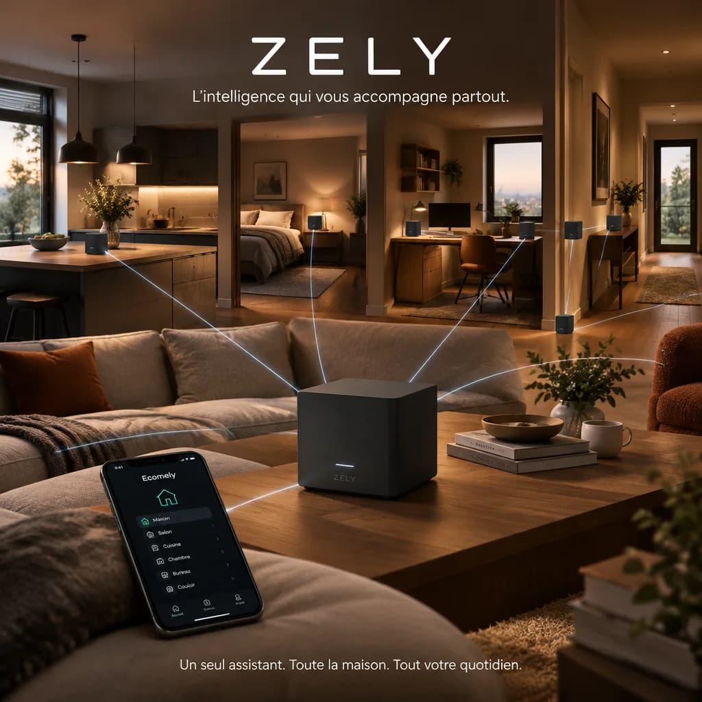 Salon contemporain le soir avec une enceinte connectée projetant une lumière douce, smartphone au premier plan