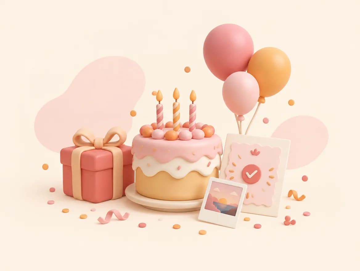 Gâteau d'anniversaire, cadeau et ballons en pâte à modeler pastel