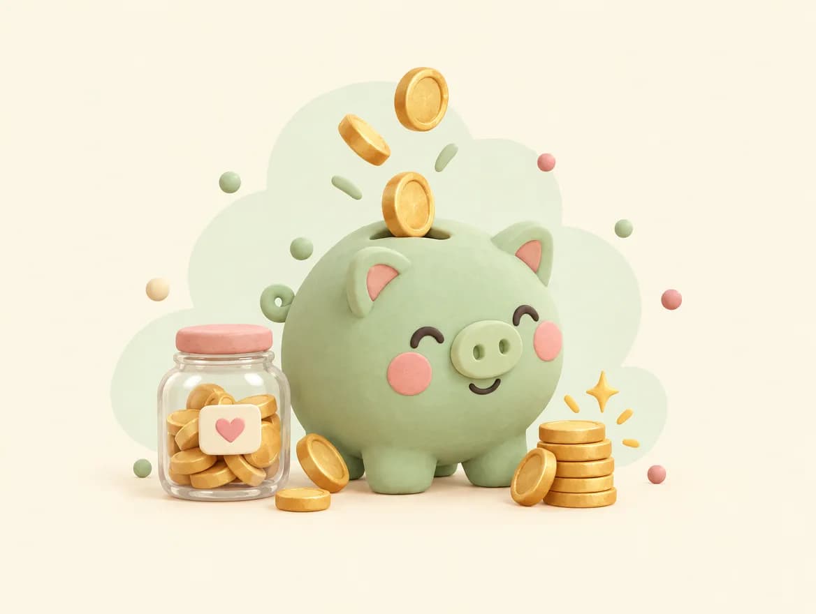 Tirelire cochon vert menthe en pâte à modeler avec des pièces d'or, style 3D doux