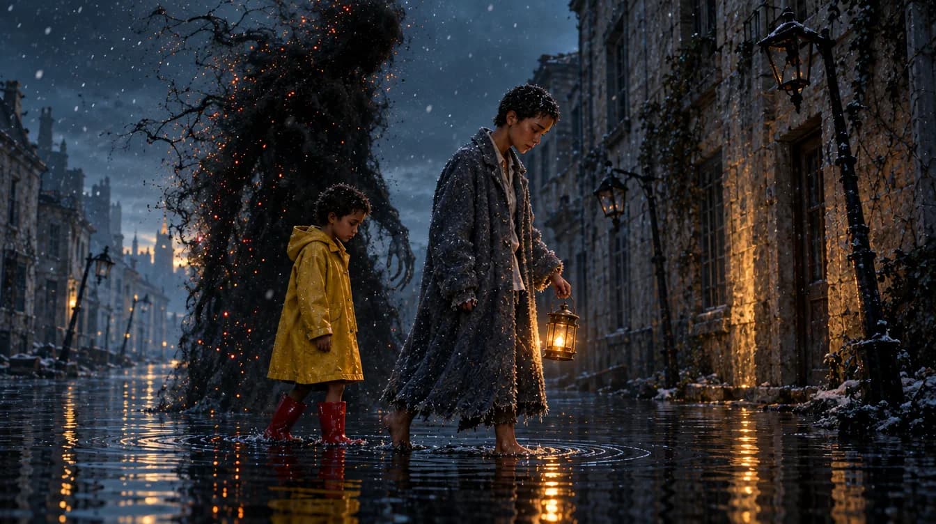 Image cinématographique : une femme et deux enfants marchent dans une rue inondée sous la pluie, lumière bleutée