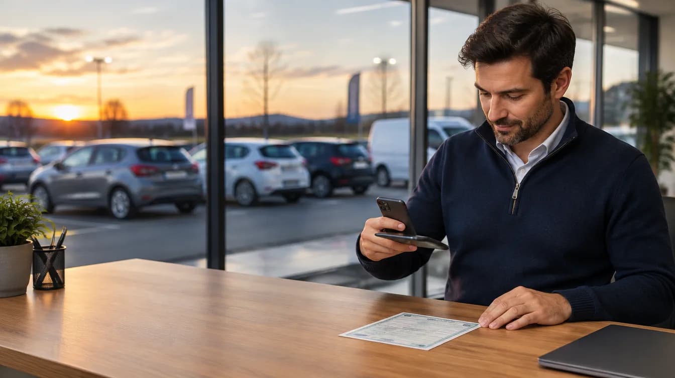 Vendeur automobile souriant à son bureau dans une concession, voitures en arrière-plan au soleil couchant