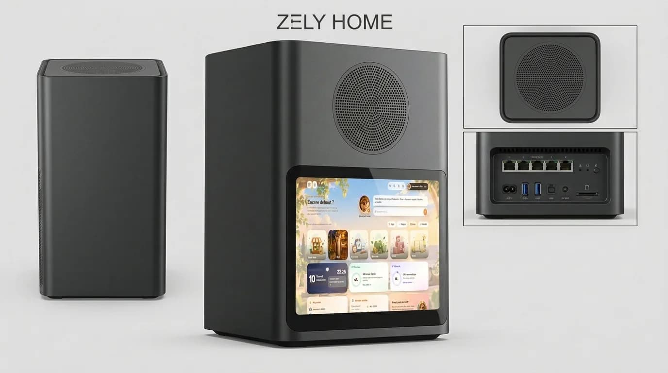 Rendu produit d'une box internet noire aux finitions industrielles, vue de face et de dos avec cotes