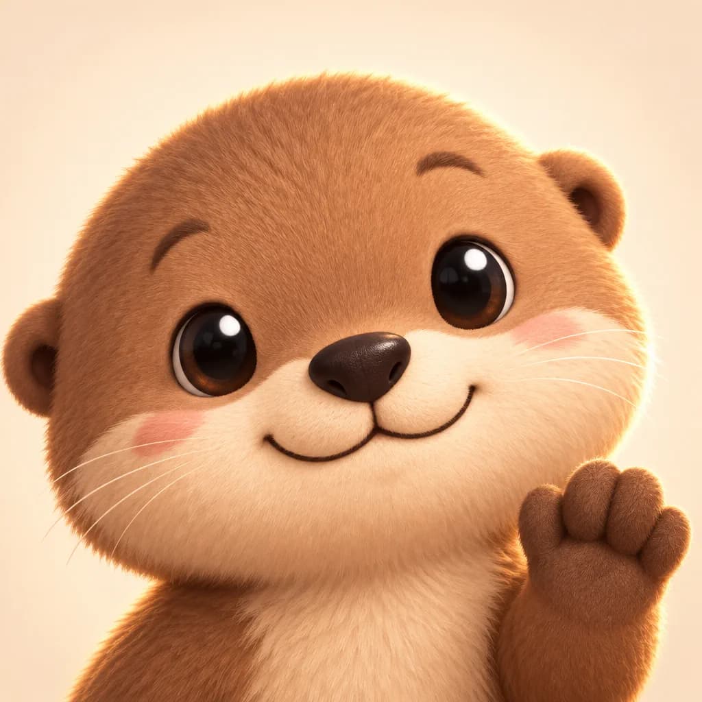 Zély, loutre mascotte d'Ecomely, portrait souriant en rendu 3D